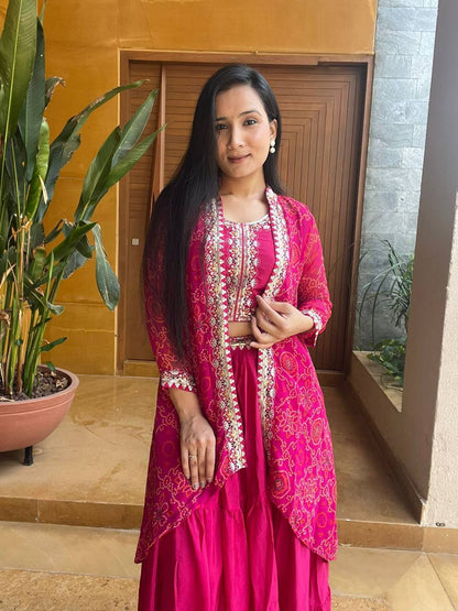 Premium Chinon Bandhej Lehenga Choli with Shrug
