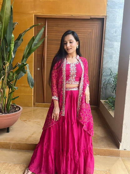 Premium Chinon Bandhej Lehenga Choli with Shrug