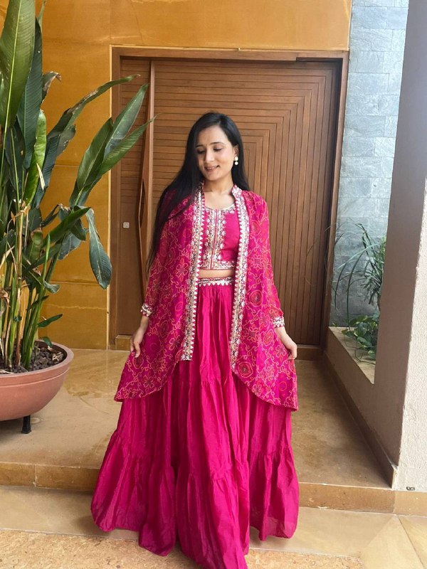 Premium Chinon Bandhej Lehenga Choli with Shrug