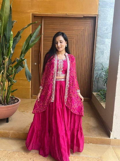 Premium Chinon Bandhej Lehenga Choli with Shrug
