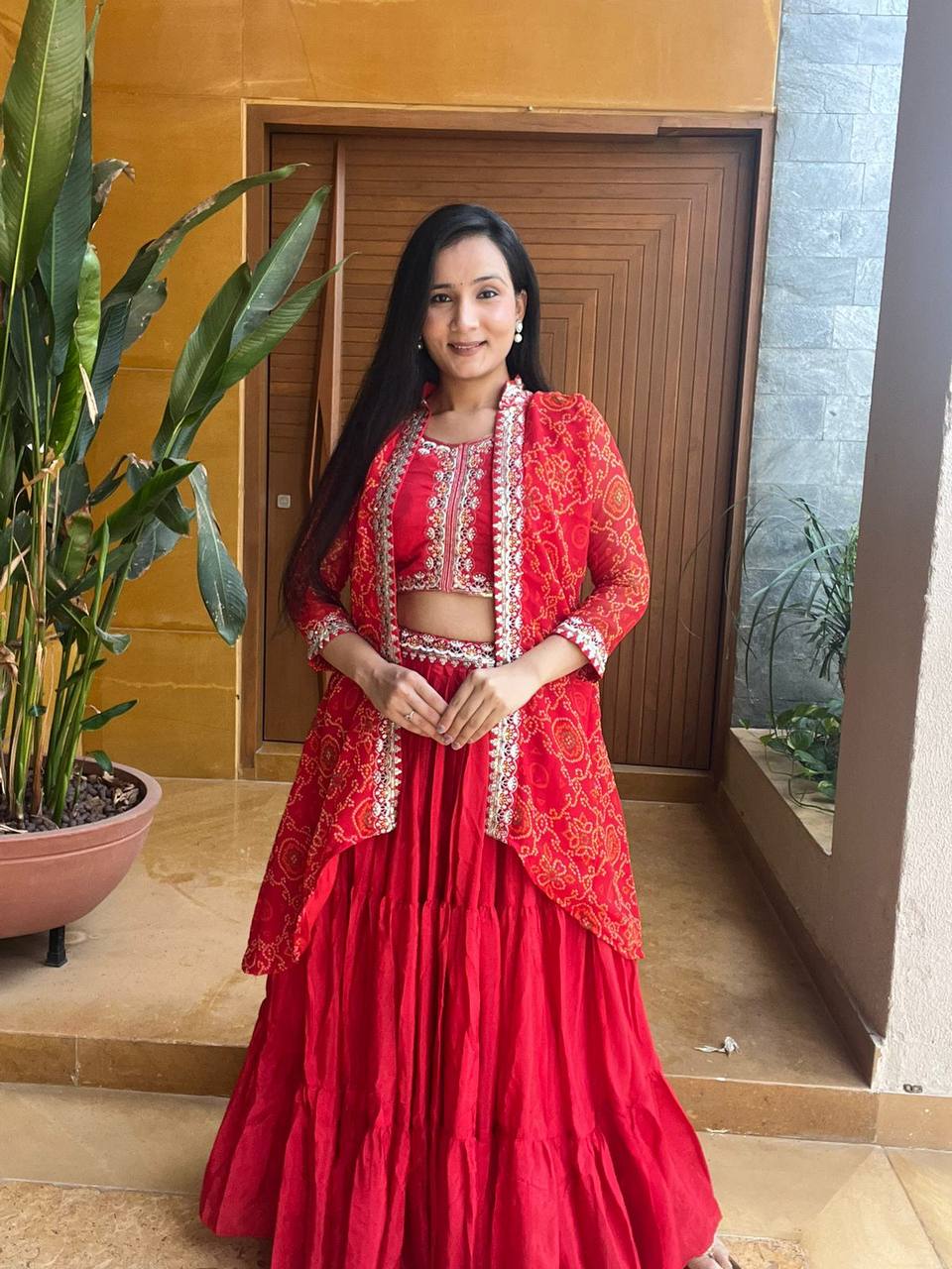 Premium Chinon Bandhej Lehenga Choli with Shrug