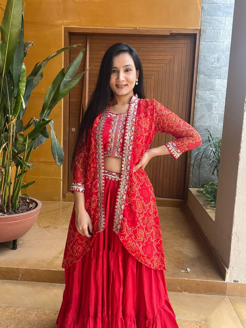 Premium Chinon Bandhej Lehenga Choli with Shrug