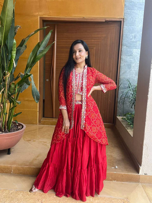 Premium Chinon Bandhej Lehenga Choli with Shrug