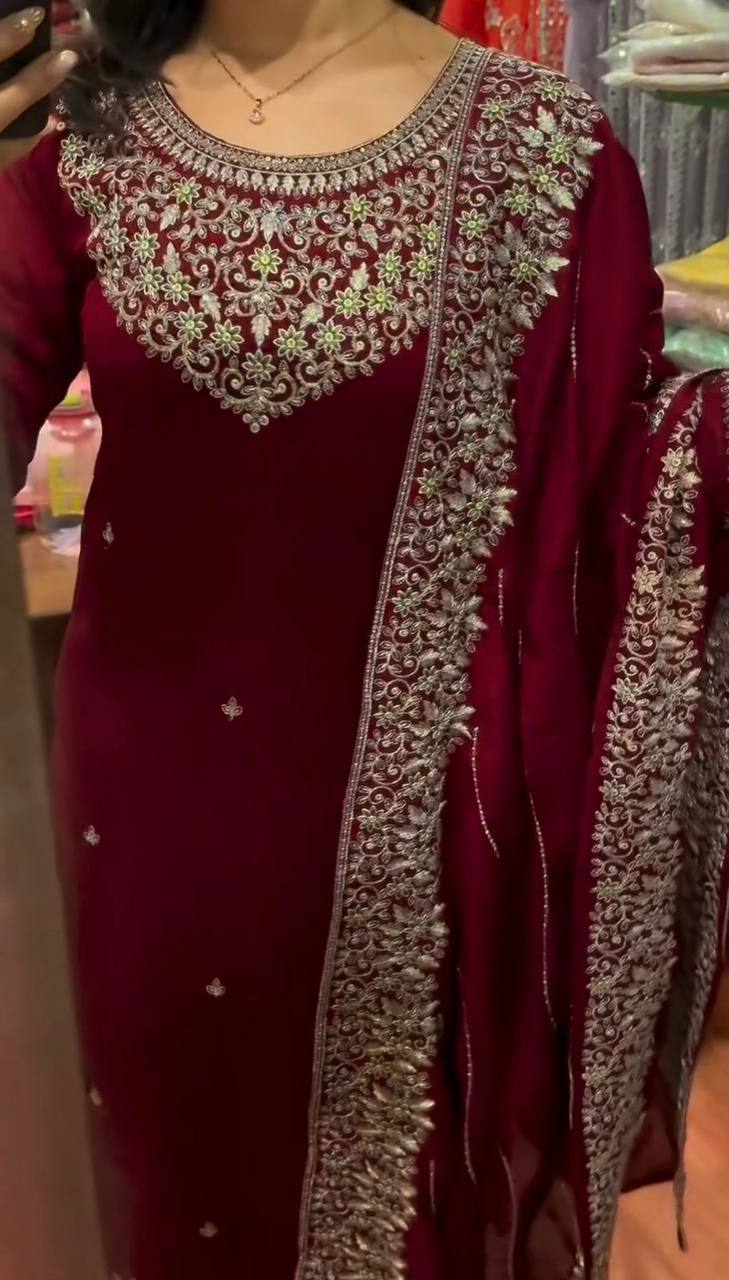 Premium Chinon Silk Kurti, Plazzo & Dupatta – Thread & Sequins Embroidery Work