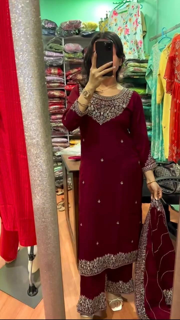 Premium Chinon Silk Kurti, Plazzo & Dupatta – Thread & Sequins Embroidery Work
