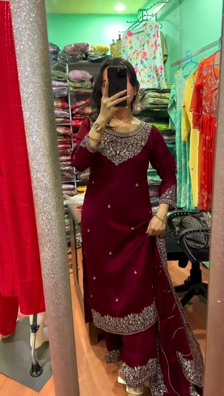 Premium Chinon Silk Kurti, Plazzo & Dupatta – Thread & Sequins Embroidery Work