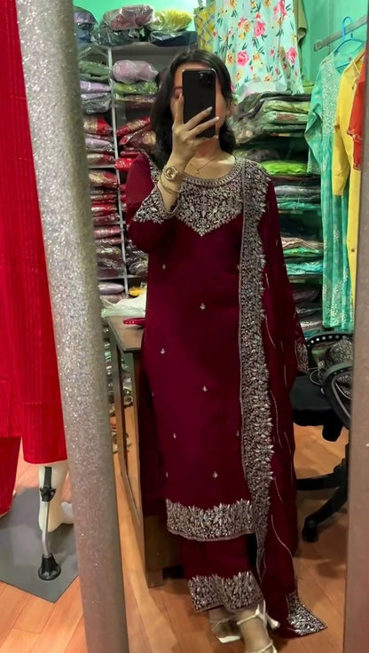 Premium Chinon Silk Kurti, Plazzo & Dupatta – Thread & Sequins Embroidery Work