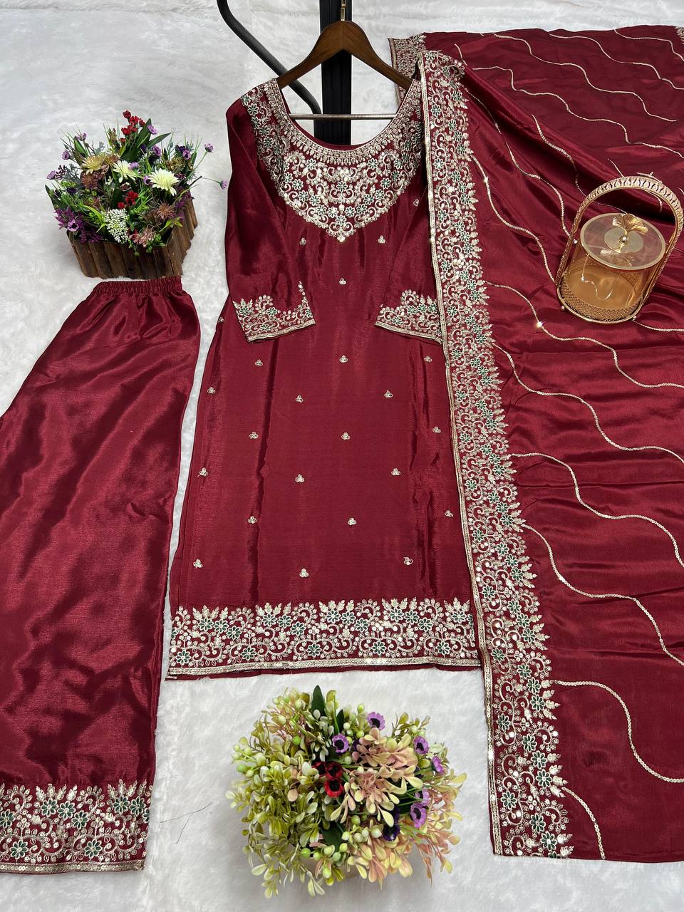 Premium Chinon Silk Kurti, Plazzo & Dupatta – Thread & Sequins Embroidery Work