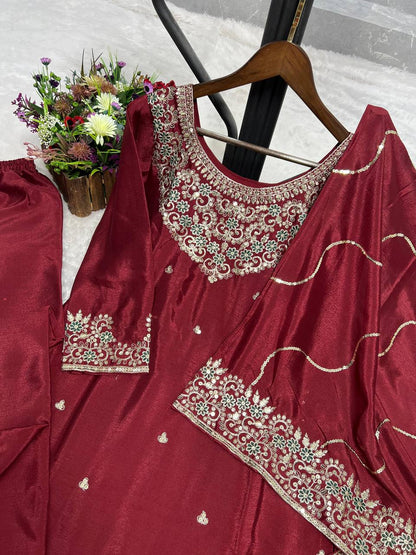 Premium Chinon Silk Kurti, Plazzo & Dupatta – Thread & Sequins Embroidery Work