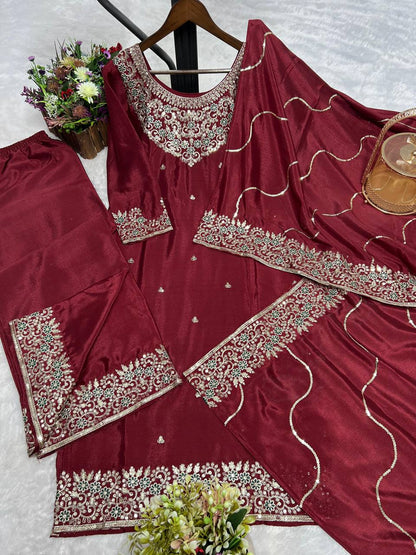 Premium Chinon Silk Kurti, Plazzo & Dupatta – Thread & Sequins Embroidery Work