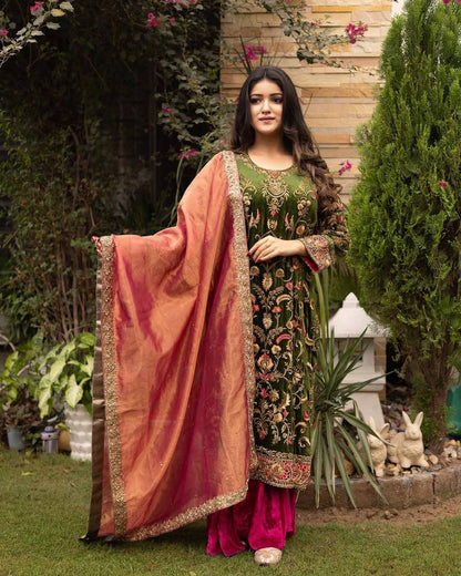Premium Velvet Kurti, Plazzo & Fendi Silk Dupatta