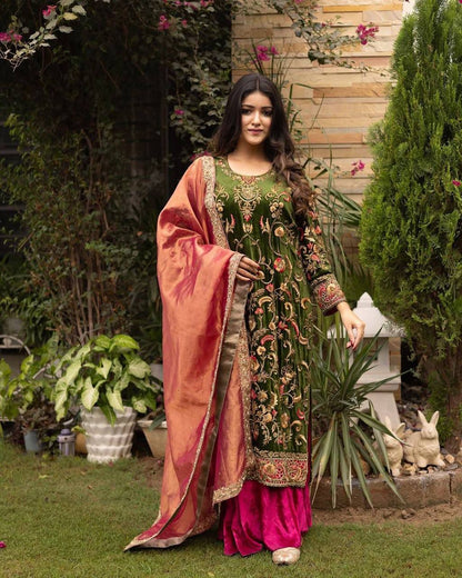 Premium Velvet Kurti, Plazzo & Fendi Silk Dupatta