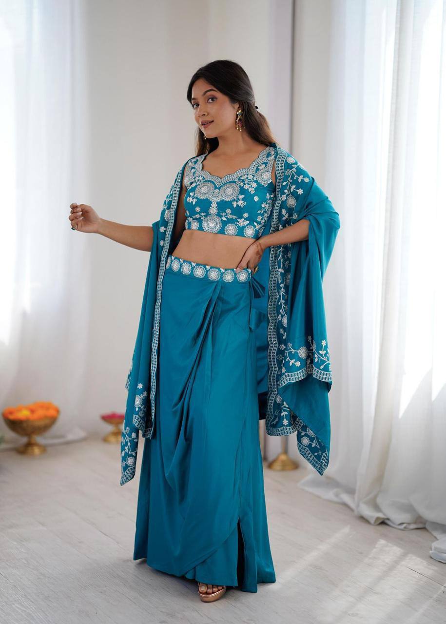 Premium French Crepe Western Dhoti, Shrug & Choli
