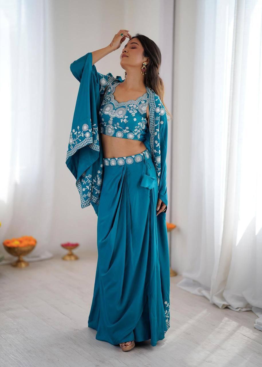 Premium French Crepe Western Dhoti, Shrug & Choli