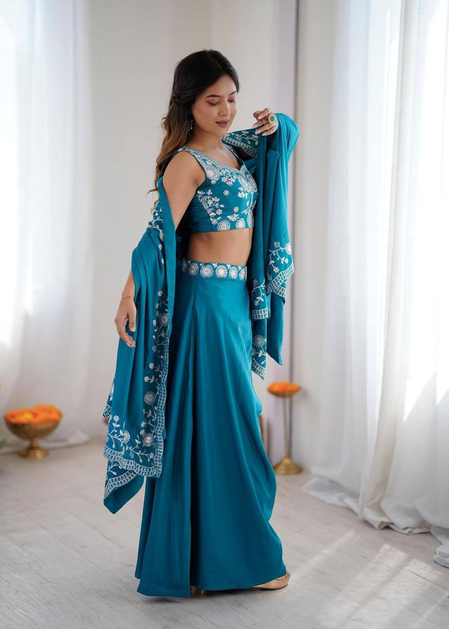Premium French Crepe Western Dhoti, Shrug & Choli