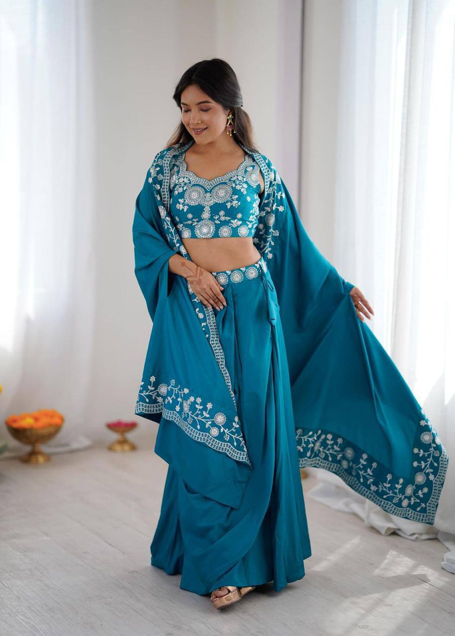 Premium French Crepe Western Dhoti, Shrug & Choli