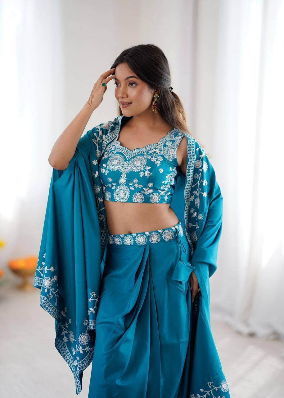Premium French Crepe Western Dhoti, Shrug & Choli
