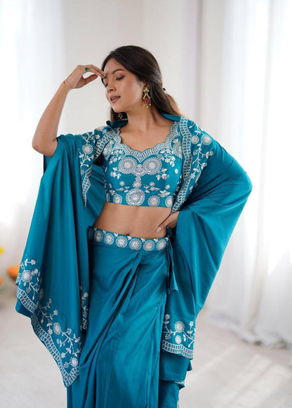 Premium French Crepe Western Dhoti, Shrug & Choli