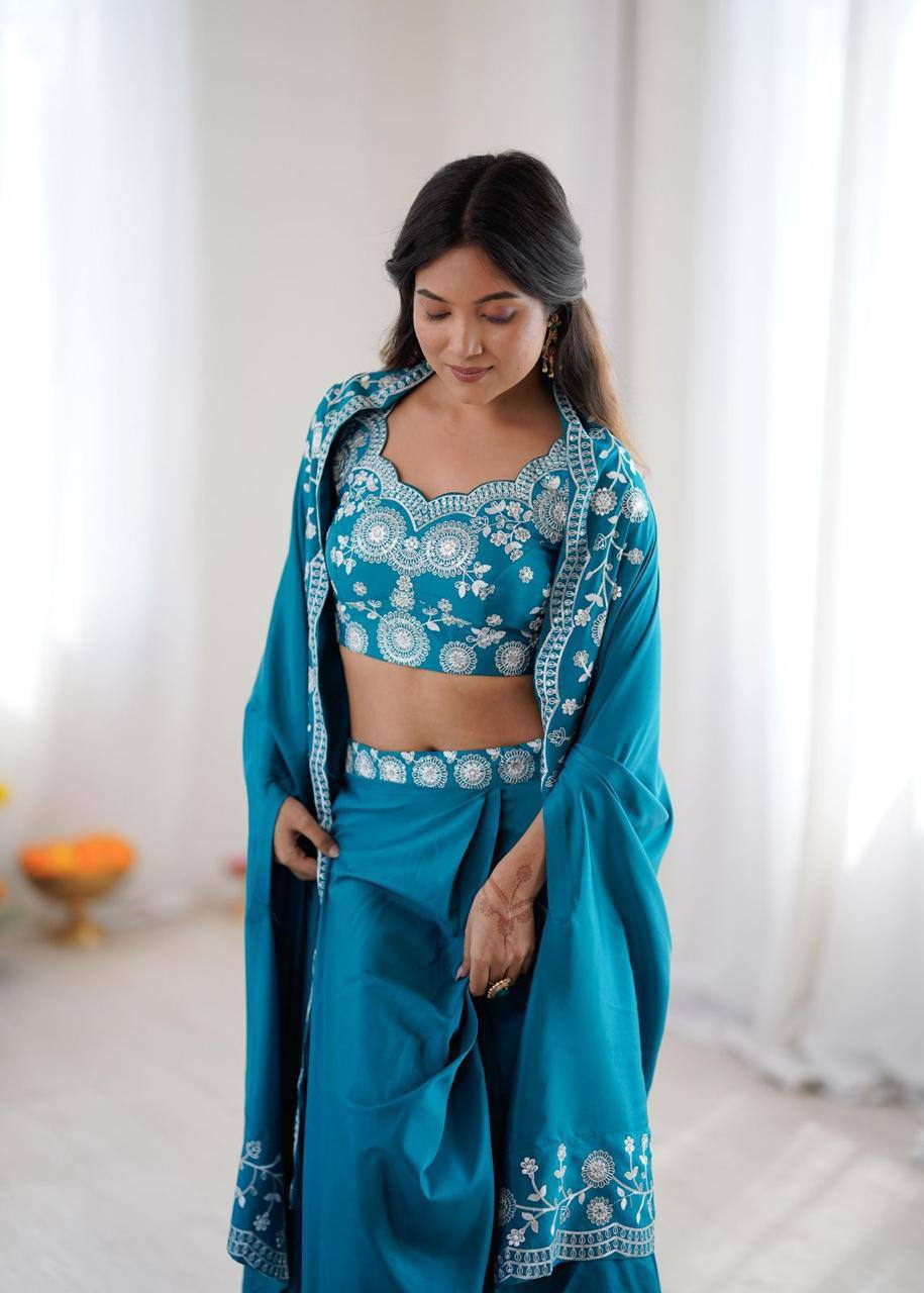 Premium French Crepe Western Dhoti, Shrug & Choli