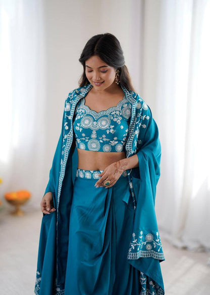 Premium French Crepe Western Dhoti, Shrug & Choli