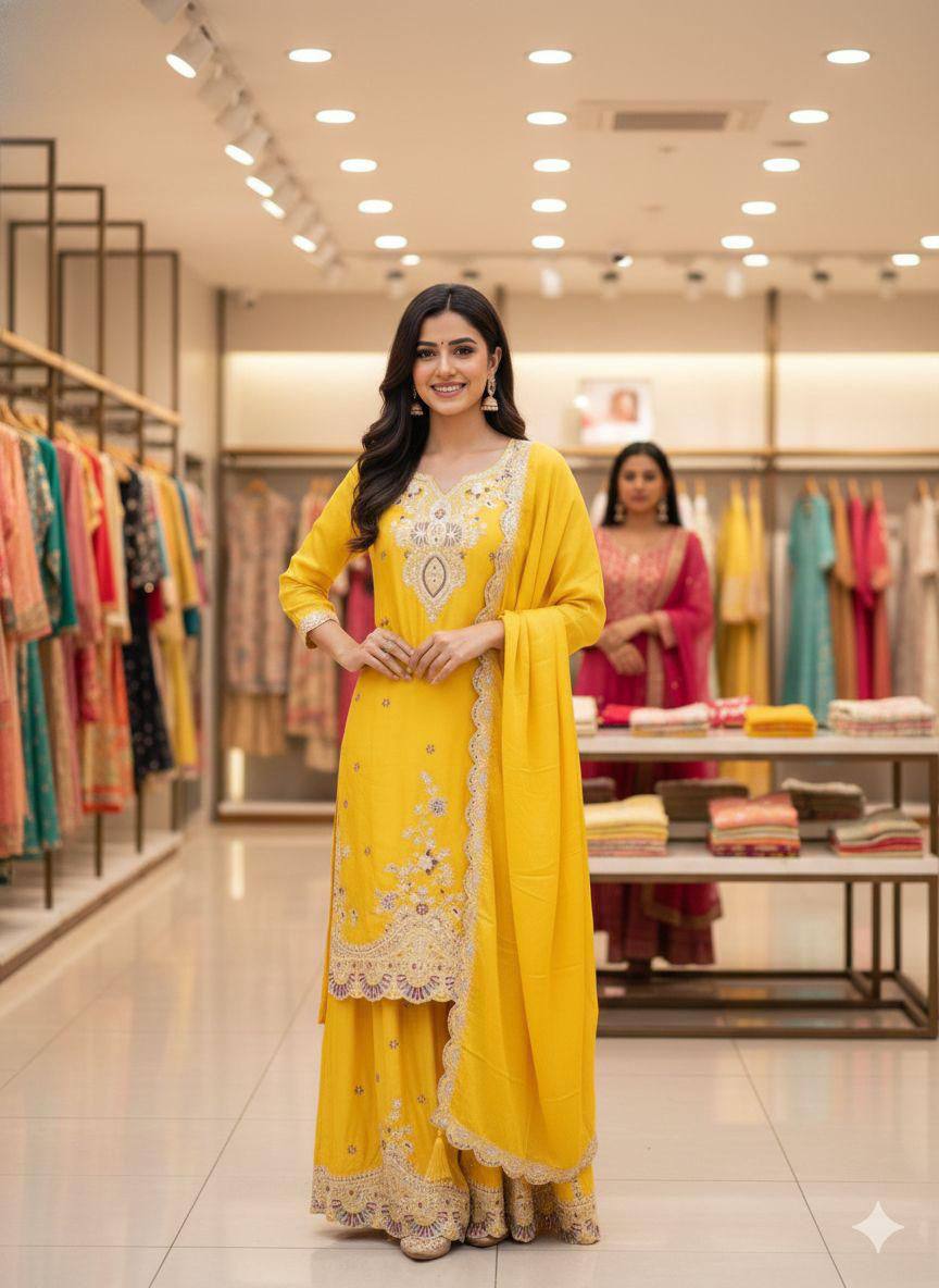 Premium Chinon Silk Top, Plazzo & Dupatta