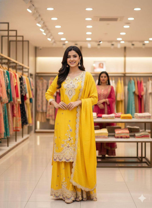 Premium Chinon Silk Top, Plazzo & Dupatta