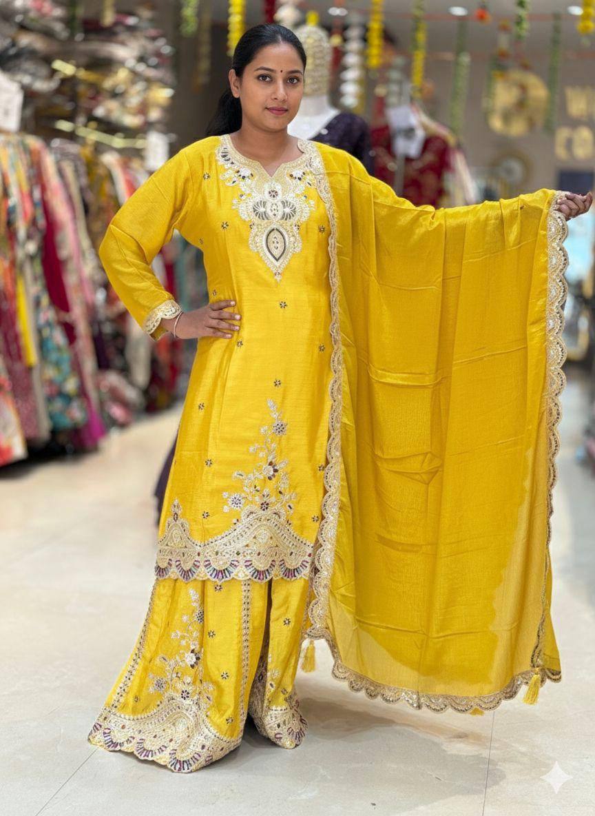 Premium Chinon Silk Top, Plazzo & Dupatta