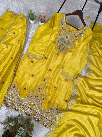 Premium Chinon Silk Top, Plazzo & Dupatta