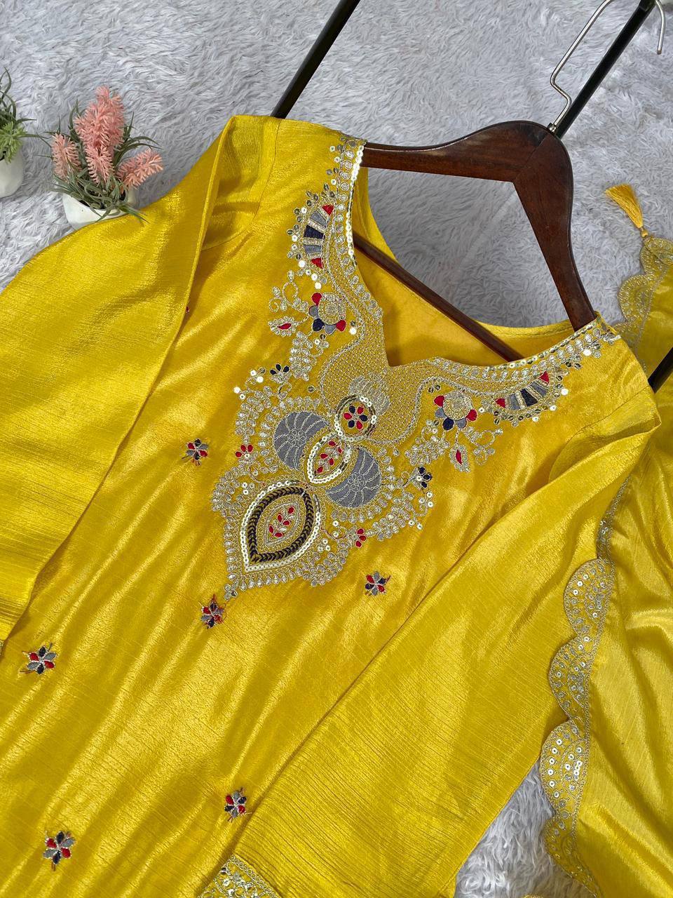 Premium Chinon Silk Top, Plazzo & Dupatta