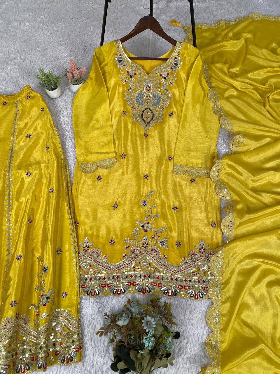 Premium Chinon Silk Top, Plazzo & Dupatta