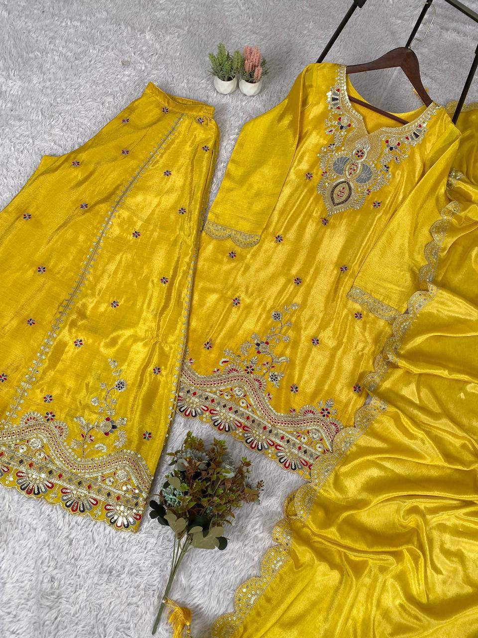 Premium Chinon Silk Top, Plazzo & Dupatta