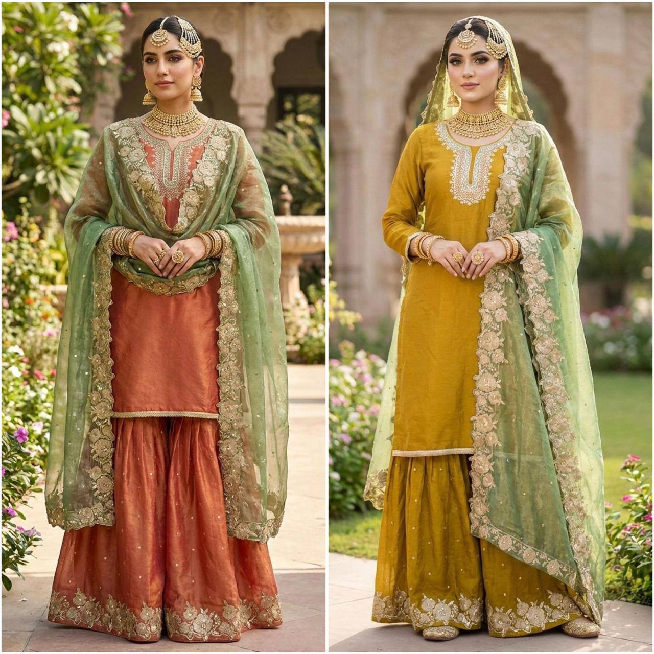 Premium Fendy Silk Top, Sharara Plazzo & Dupatta