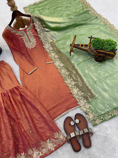 Premium Fendy Silk Top, Sharara Plazzo & Dupatta
