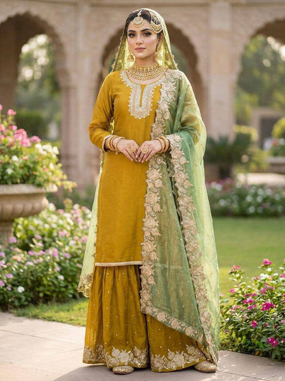 Premium Fendy Silk Top, Sharara Plazzo & Dupatta
