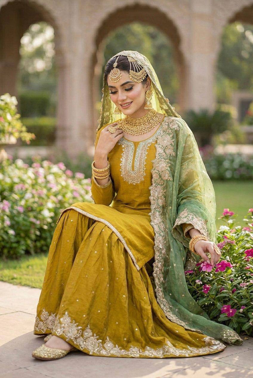 Premium Fendy Silk Top, Sharara Plazzo & Dupatta