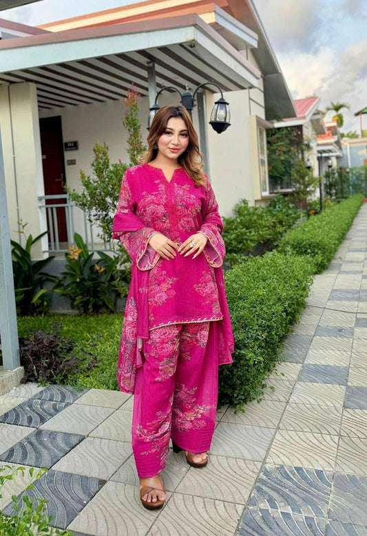 Premium Faux Georgette Top, Farshi Pant & Dupatta