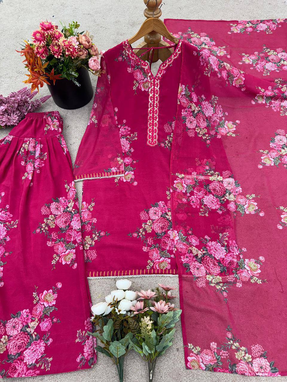 Premium Faux Georgette Top, Farshi Pant & Dupatta