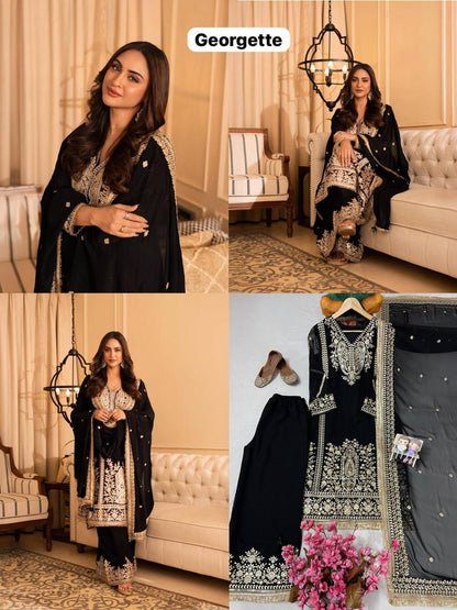 Premium Georgette Kurti, Plazzo & Dupatta – Sequins & Thread Embroidery Work