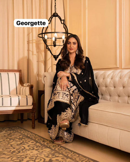Premium Georgette Kurti, Plazzo & Dupatta – Sequins & Thread Embroidery Work