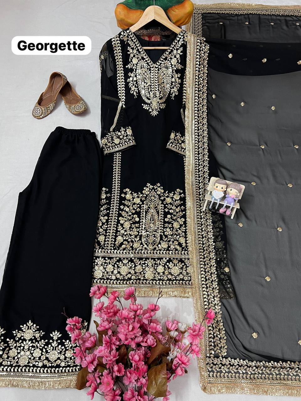 Premium Georgette Kurti, Plazzo & Dupatta – Sequins & Thread Embroidery Work
