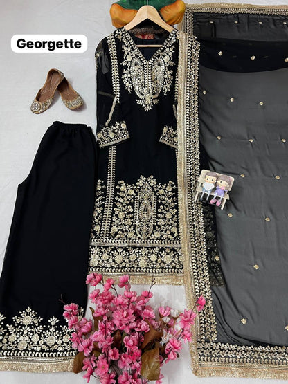 Premium Georgette Kurti, Plazzo & Dupatta – Sequins & Thread Embroidery Work