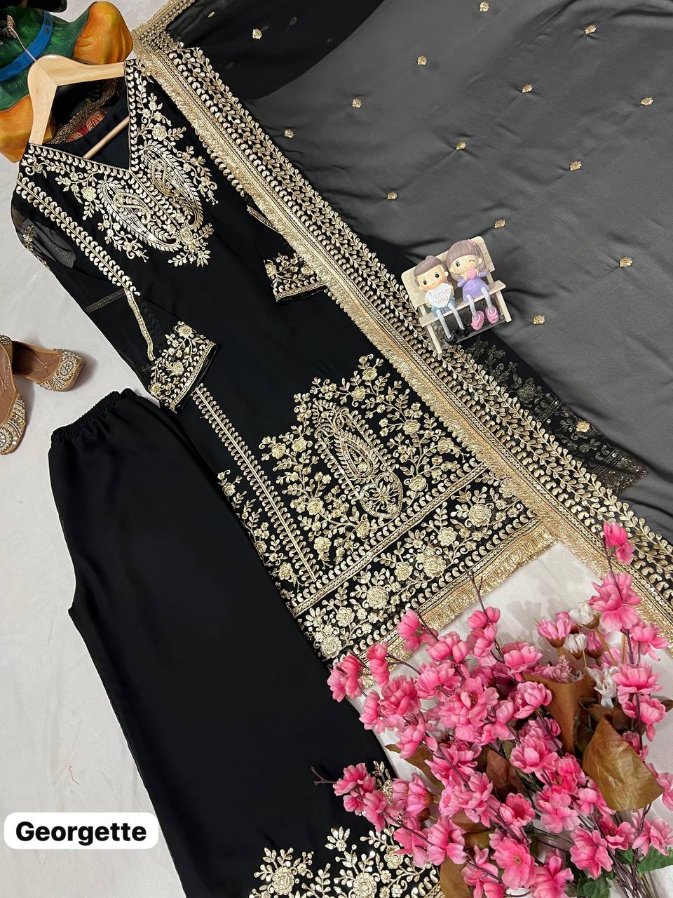 Premium Georgette Kurti, Plazzo & Dupatta – Sequins & Thread Embroidery Work