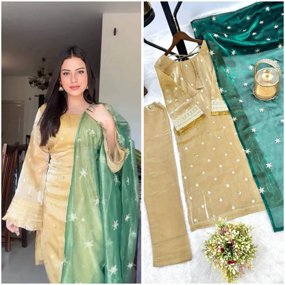 Premium Jimmy Choo Silk Kurti, Pant & Dupatta – Sequins & Coding Embroidery