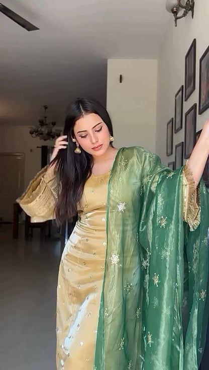Premium Jimmy Choo Silk Kurti, Pant & Dupatta – Sequins & Coding Embroidery