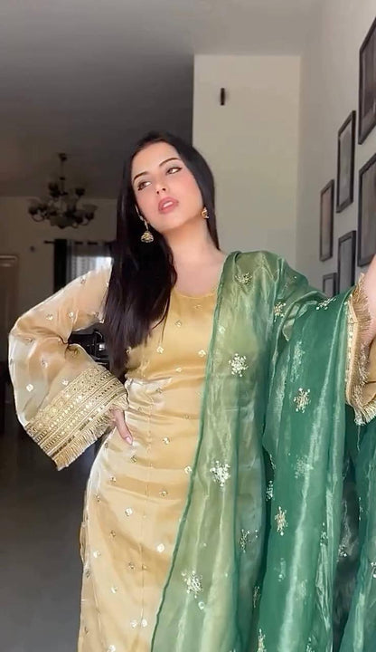 Premium Jimmy Choo Silk Kurti, Pant & Dupatta – Sequins & Coding Embroidery