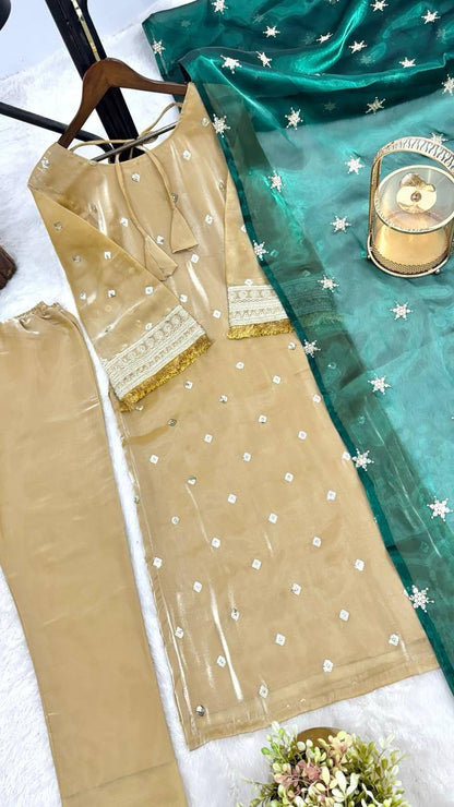 Premium Jimmy Choo Silk Kurti, Pant & Dupatta – Sequins & Coding Embroidery