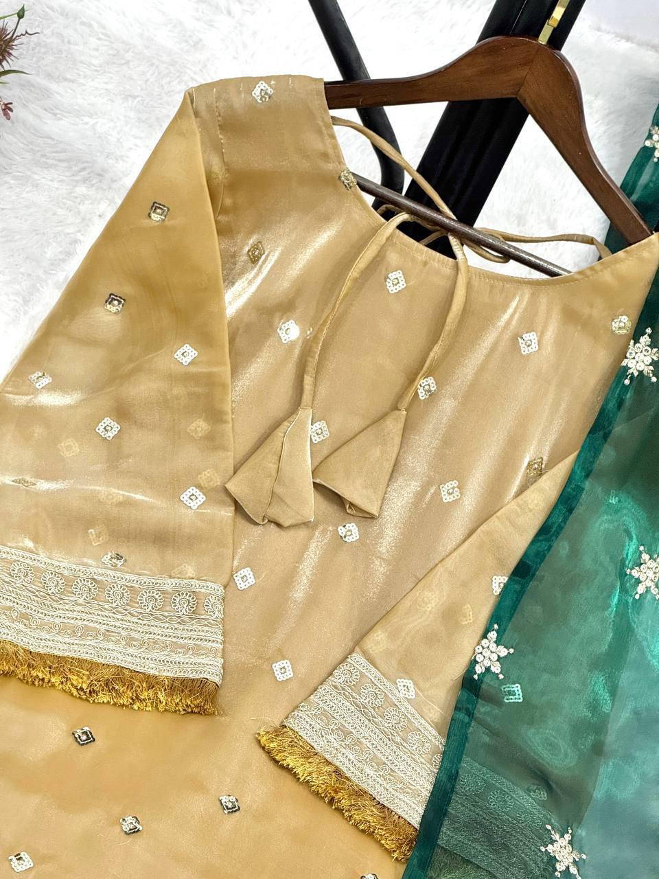 Premium Jimmy Choo Silk Kurti, Pant & Dupatta – Sequins & Coding Embroidery