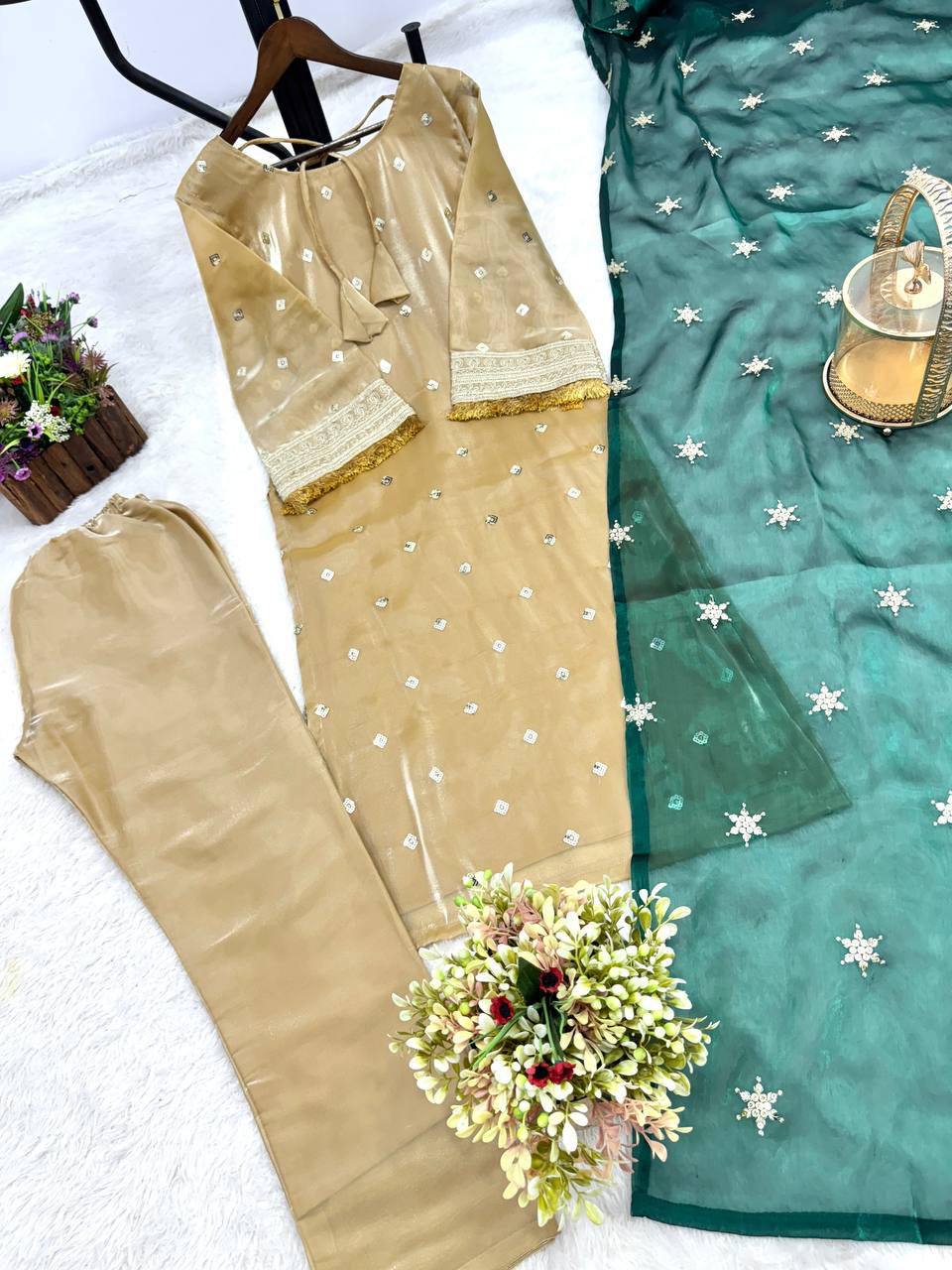Premium Jimmy Choo Silk Kurti, Pant & Dupatta – Sequins & Coding Embroidery
