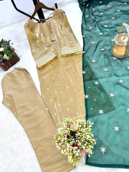 Premium Jimmy Choo Silk Kurti, Pant & Dupatta – Sequins & Coding Embroidery