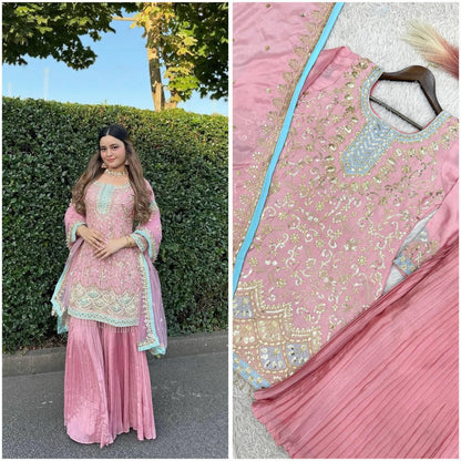 Premium Chinon Silk Kurti, Crushed Plazzo & Dupatta – Sequins & Thread Embroidery